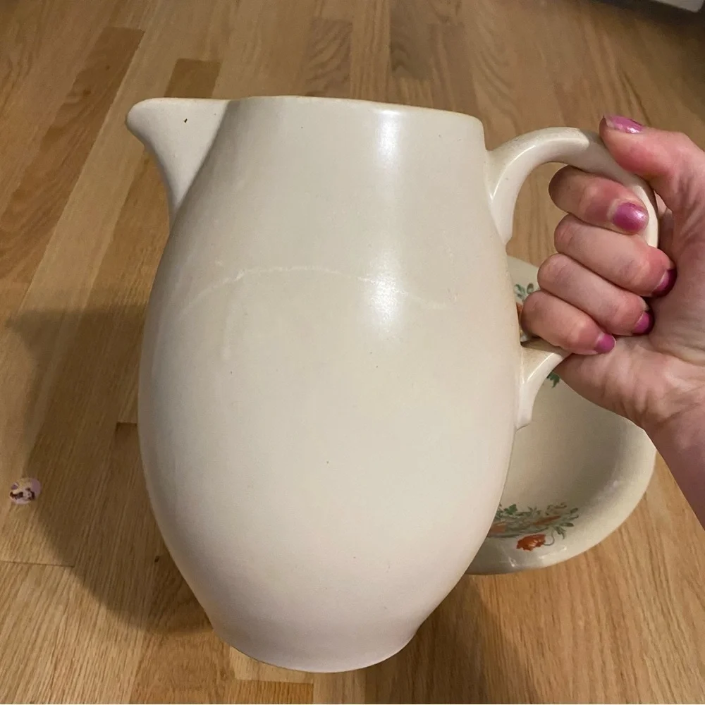 Vintage McCoy Pottery Floral Pitcher & Bowl Red White Blue Ceramic
